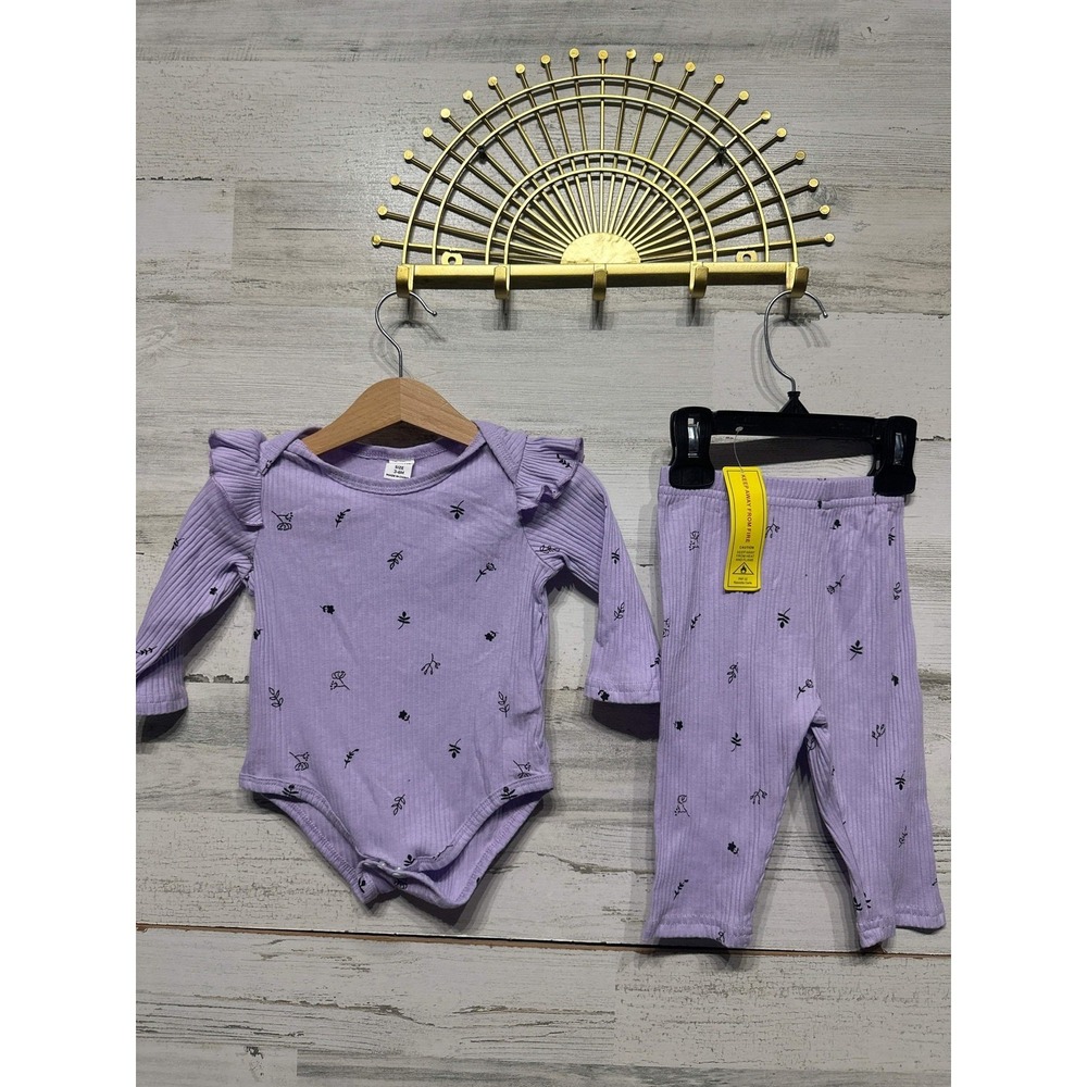 Floral Ribbed Bodysuit Leggings Set Girls 3-6M Purple Ruffle Shoulder NWT
